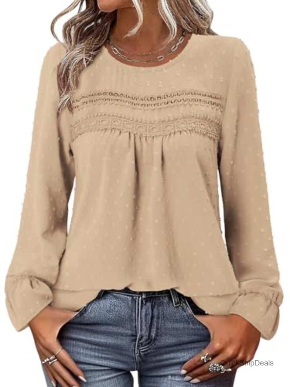 Womens Boho Swiss Dot Long Sleeve Tunic Top Crewneck Flowy Blouse